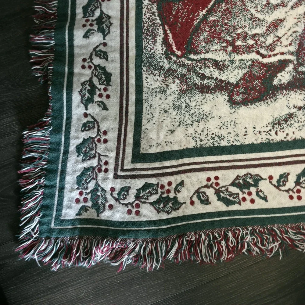 Vintage Santa Claus Woven Tapestry Throw Blanket Christmas Fringe Old World